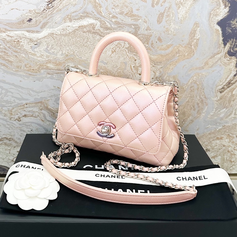 Chanel Iridescent Caviar Quilted Extra Mini Coco Light Pink Handle Flap